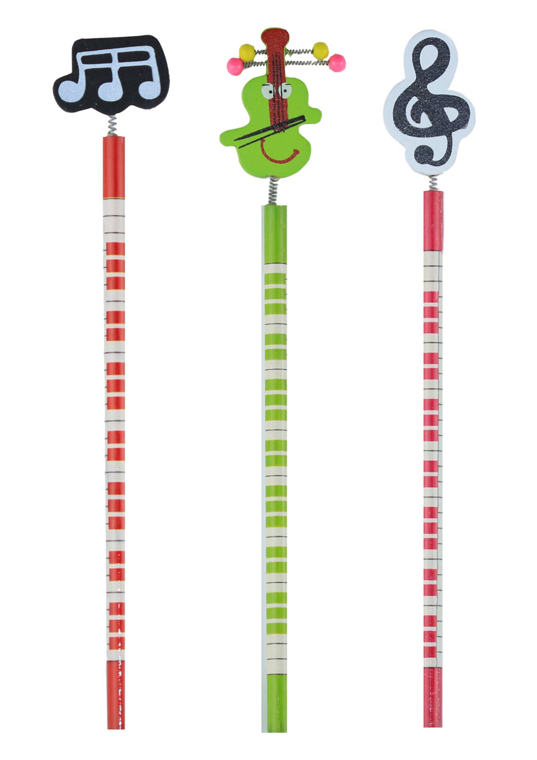 3 HB Pencils Spring Loaded With Wooden Musical Ornaments