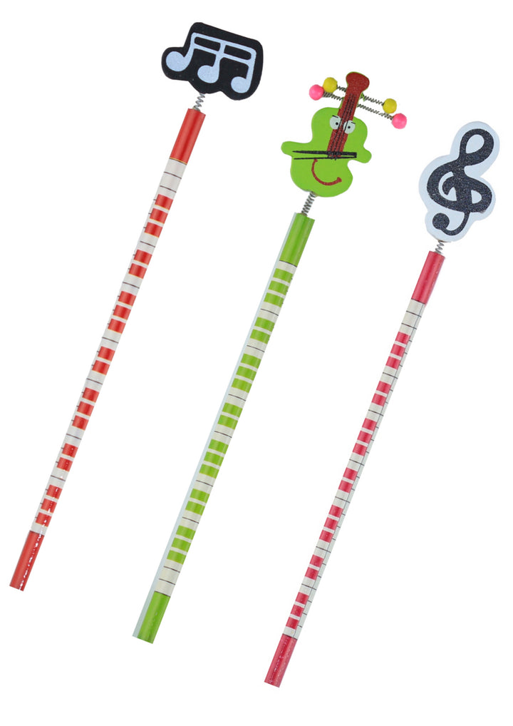 3 HB Pencils Spring Loaded With Wooden Musical Ornaments