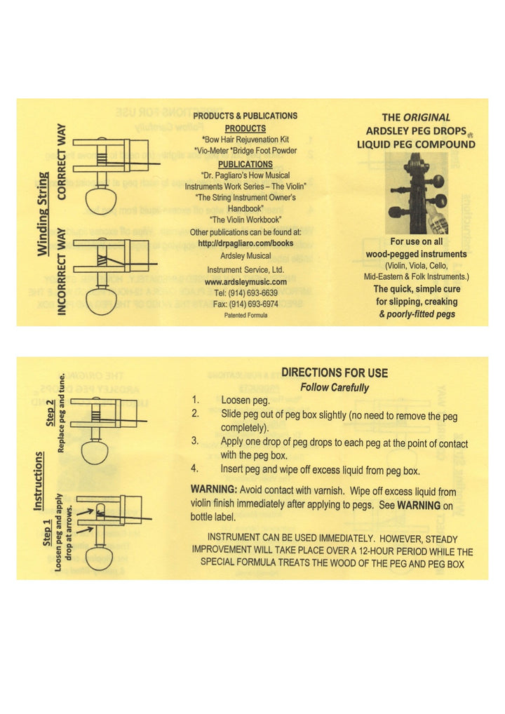 Ardsley Violin Viola Cello peg drops compound 9.85ml bottle instructions included