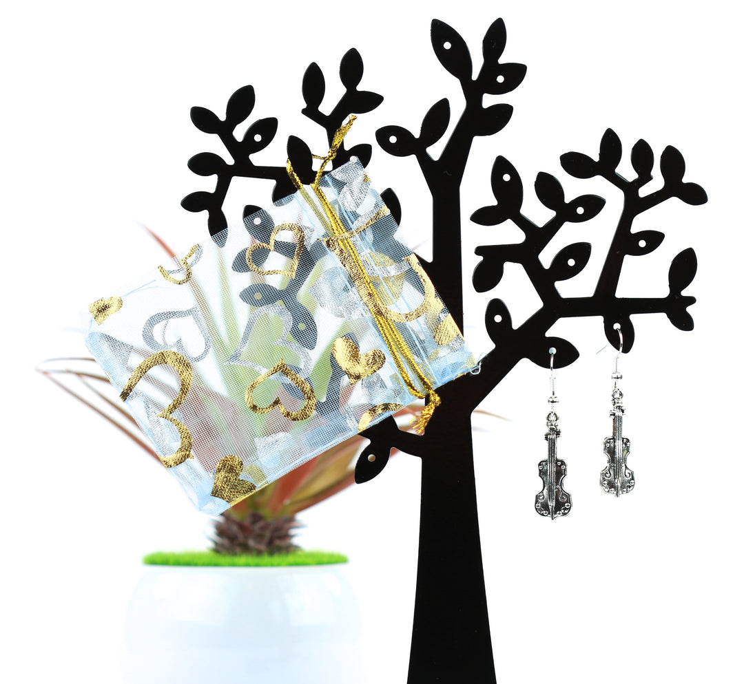Silver Plated Violin Drop Earrings - With Lace Pouch