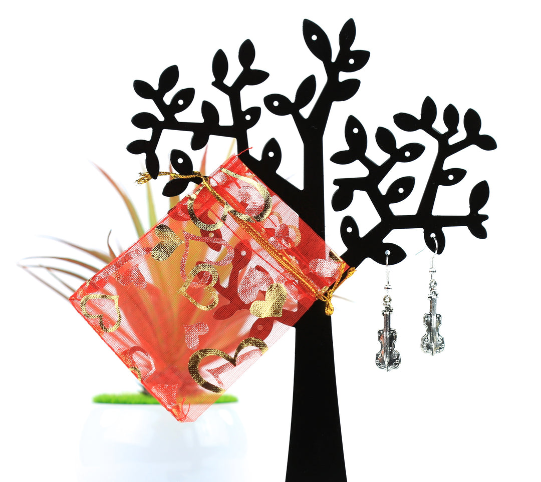 Silver Plated Violin Drop Earrings - With Lace Pouch