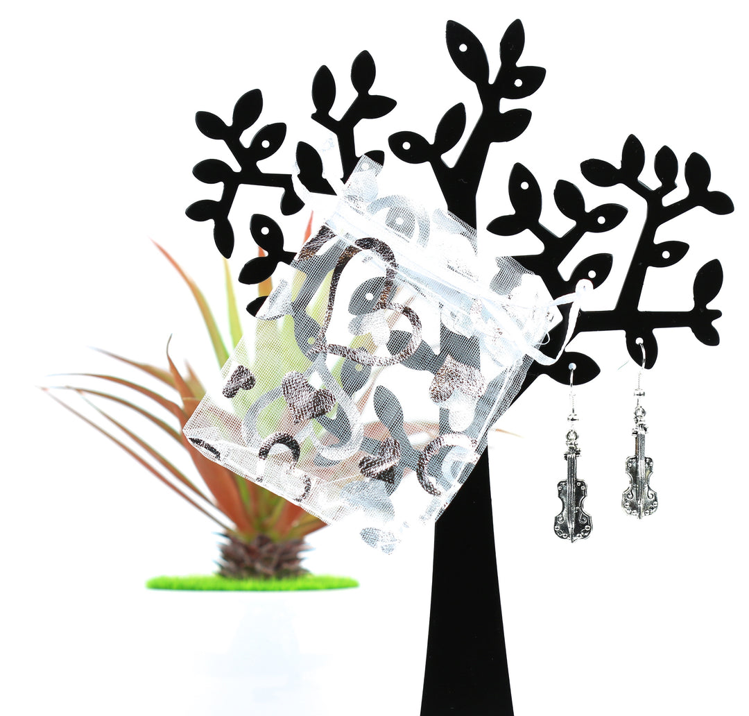 Silver Plated Violin Drop Earrings - With Lace Pouch