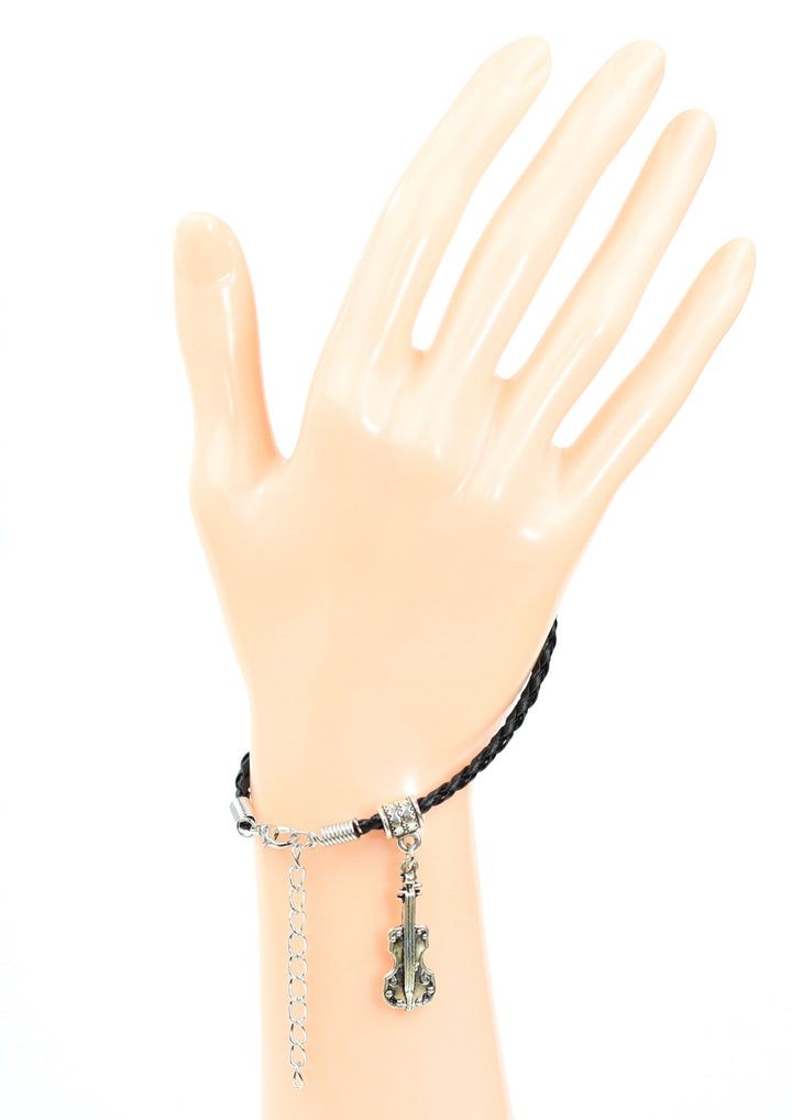 Braided leather bracelet with violin charm &amp; lobster claw clasp