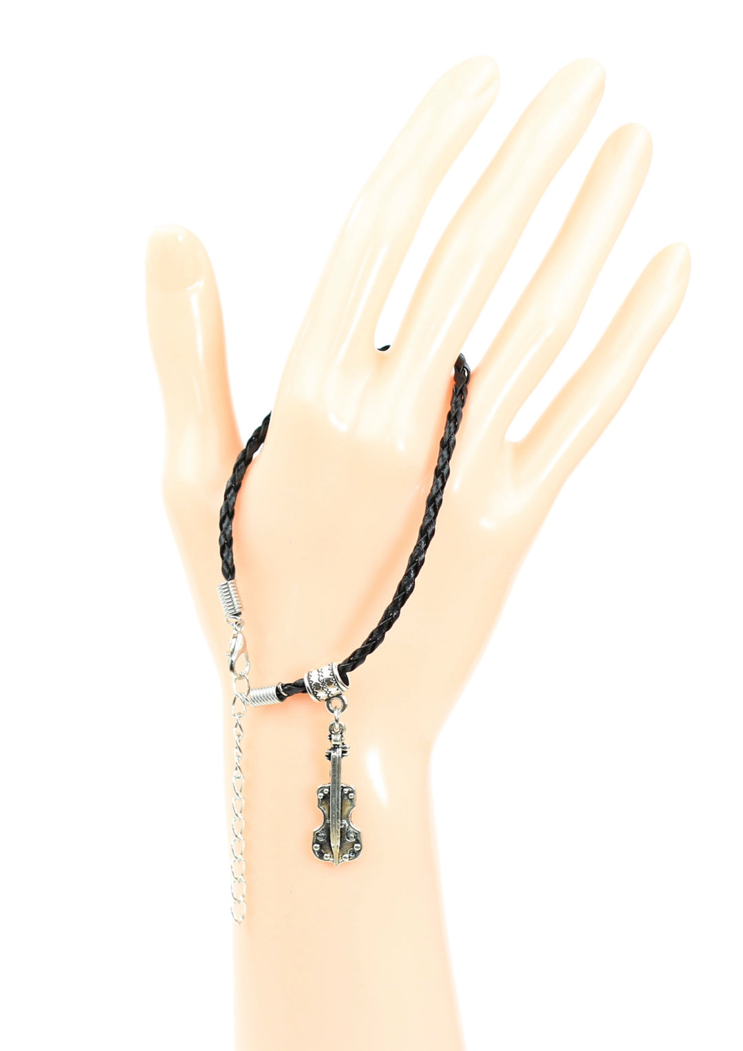 Braided leather bracelet with violin charm &amp; lobster claw clasp