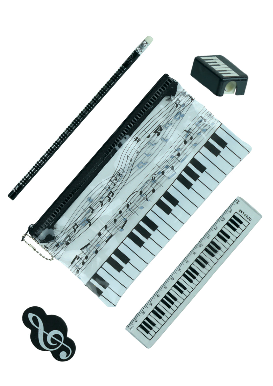 5 piece musical stationery kit pencil case sharpener pencil eraser &amp; ruler