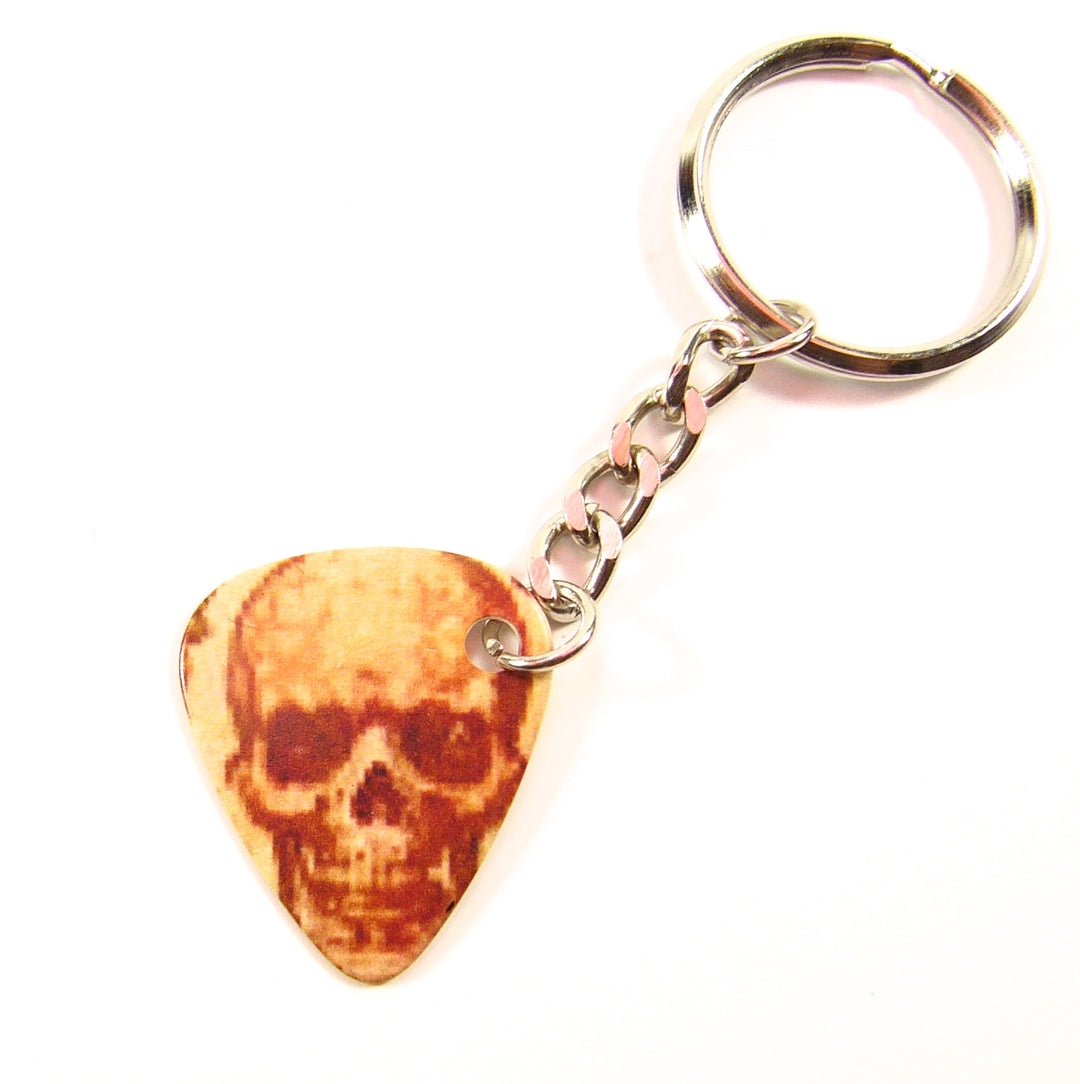 Playable bone skull guitar pick keyring with tough chain links &amp; split ring