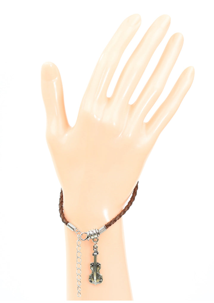 Braided leather bracelet with violin charm &amp; lobster claw clasp