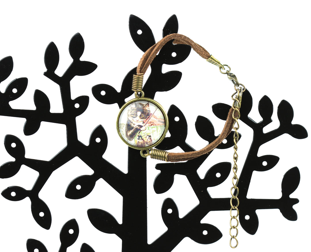 Glass dome cabochon bracelet twin leather bands cat and the fiddle violin design