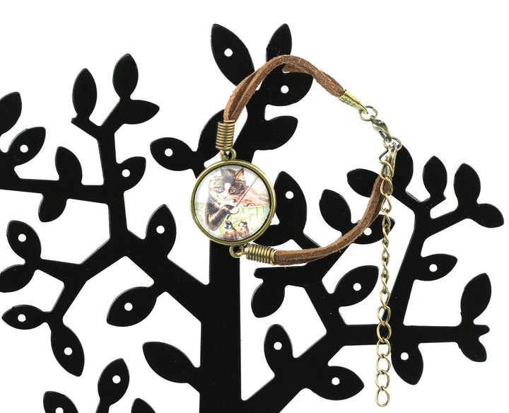 Glass dome cabochon bracelet twin leather bands cat and the fiddle violin design