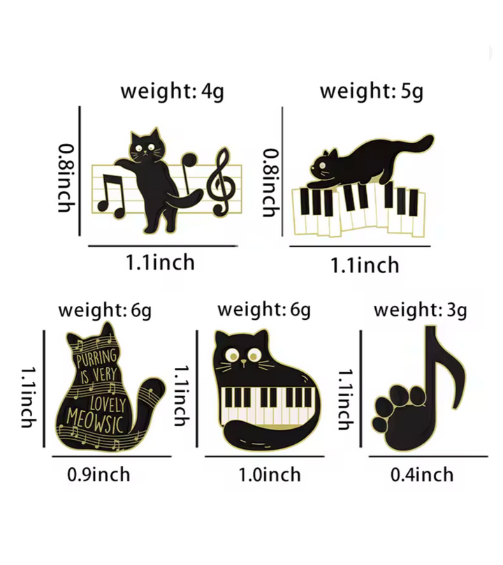 Set of 5 Cat &amp; Music Enamel Pins – Cute Cats, Kittens &amp; Musical Notes