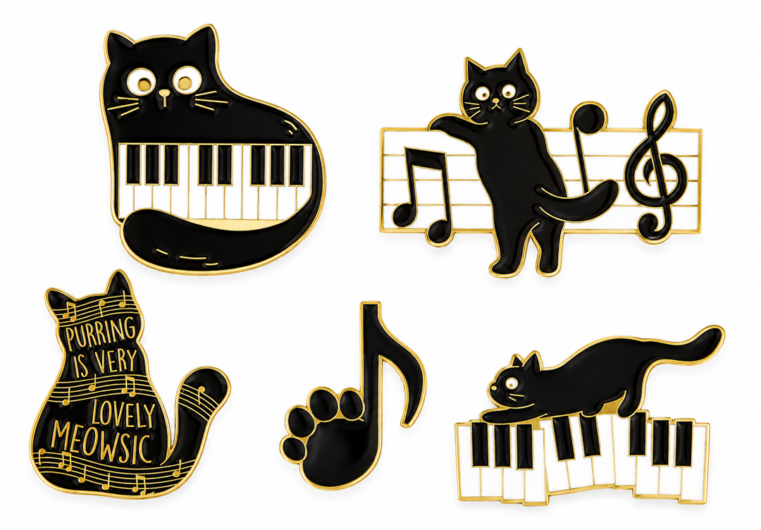 Set of 5 Cat &amp; Music Enamel Pins – Cute Cats, Kittens &amp; Musical Notes