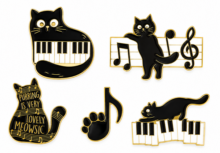 Set of 5 Cat &amp; Music Enamel Pins – Cute Cats, Kittens &amp; Musical Notes