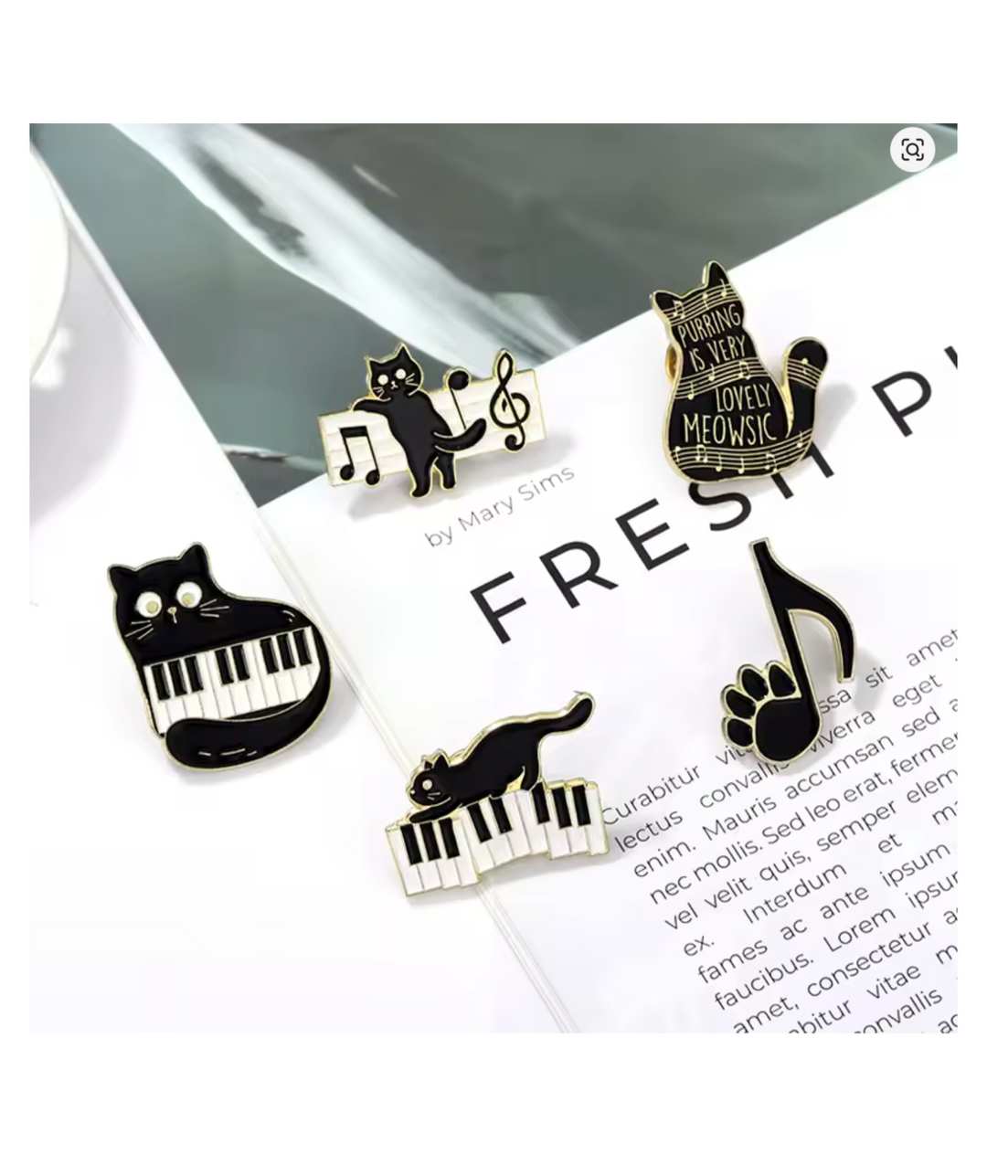 Set of 5 Cat &amp; Music Enamel Pins – Cute Cats, Kittens &amp; Musical Notes