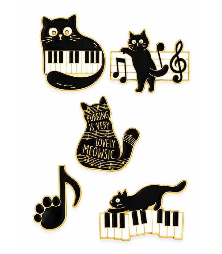 Set of 5 Cat &amp; Music Enamel Pins – Cute Cats, Kittens &amp; Musical Notes