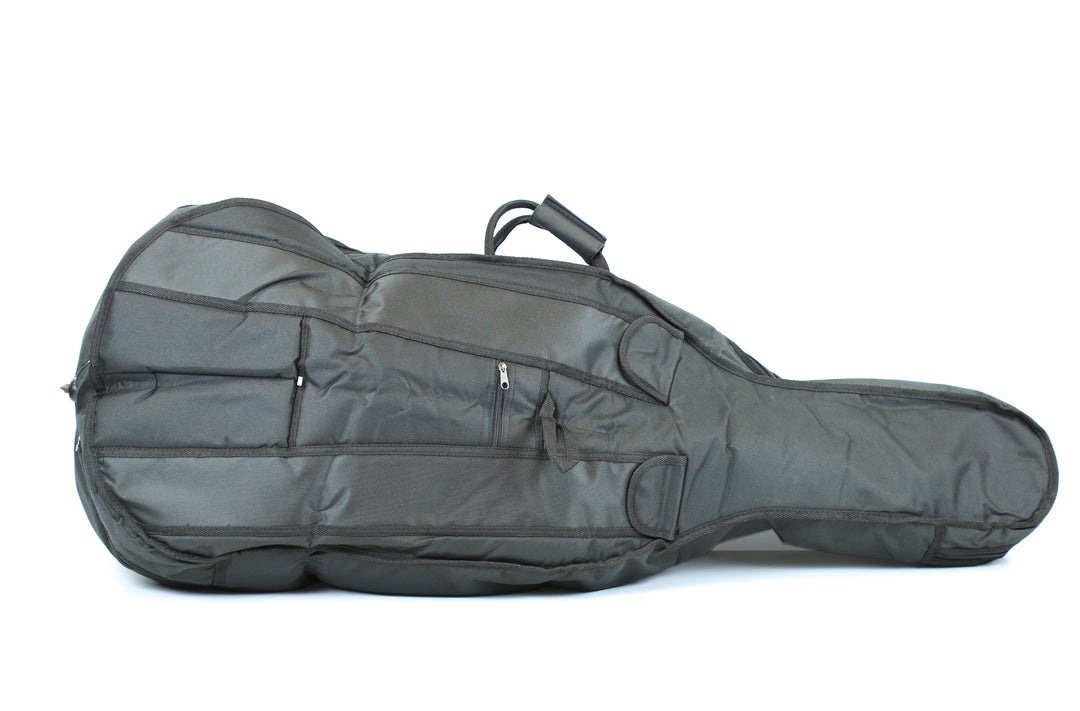 Quality black 3/4 size padded cello bag case back straps &amp; 2 bow holders