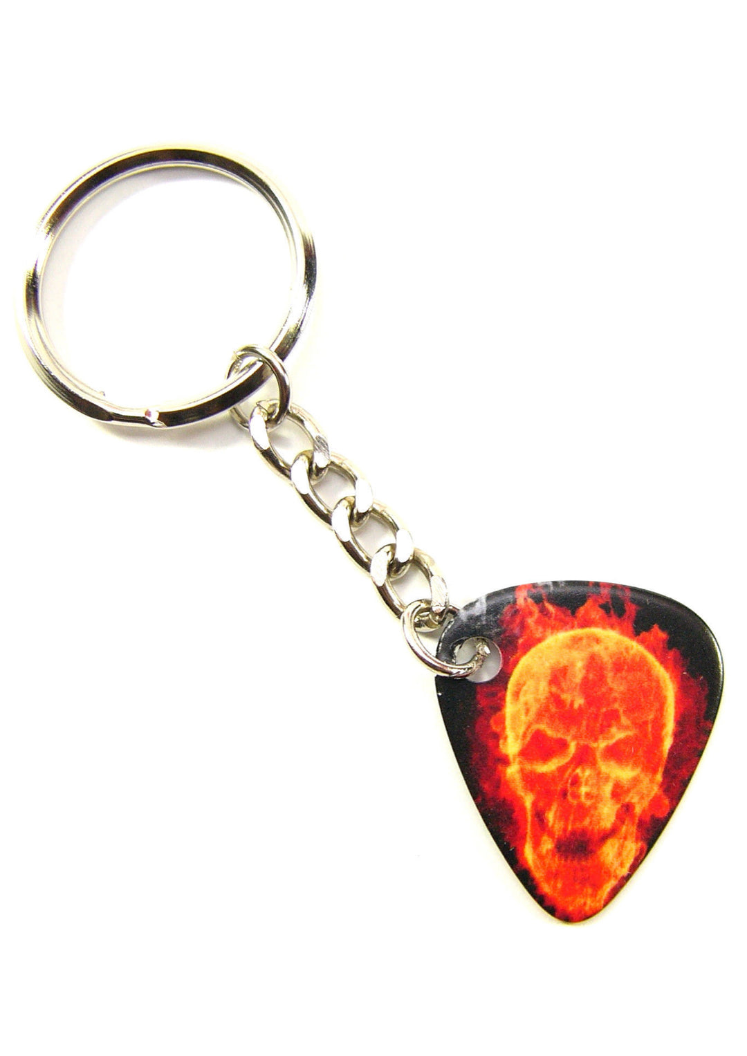 Playable orange fire skull guitar pick keyring with tough links &amp; split ring