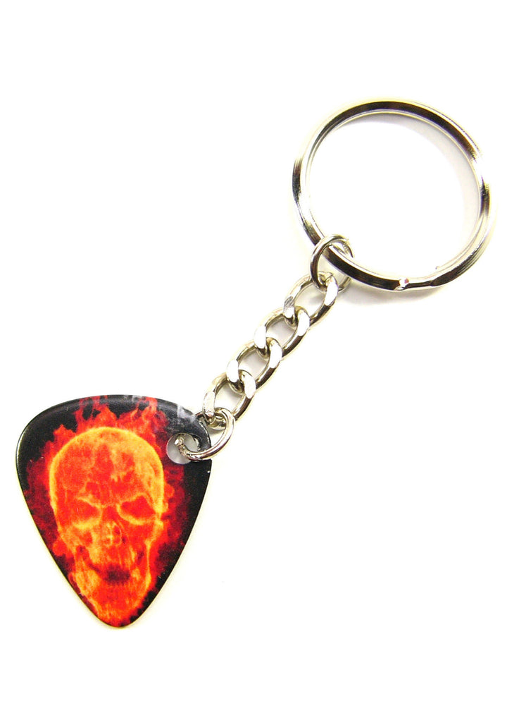 Playable orange fire skull guitar pick keyring with tough links &amp; split ring