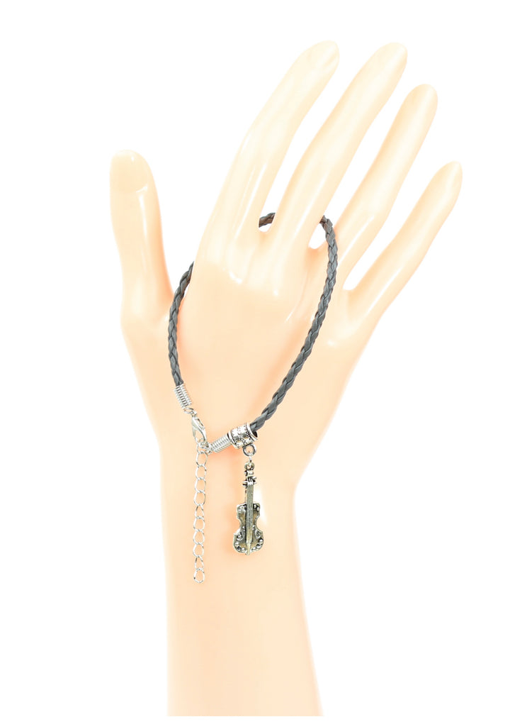 Braided leather bracelet with violin charm &amp; lobster claw clasp