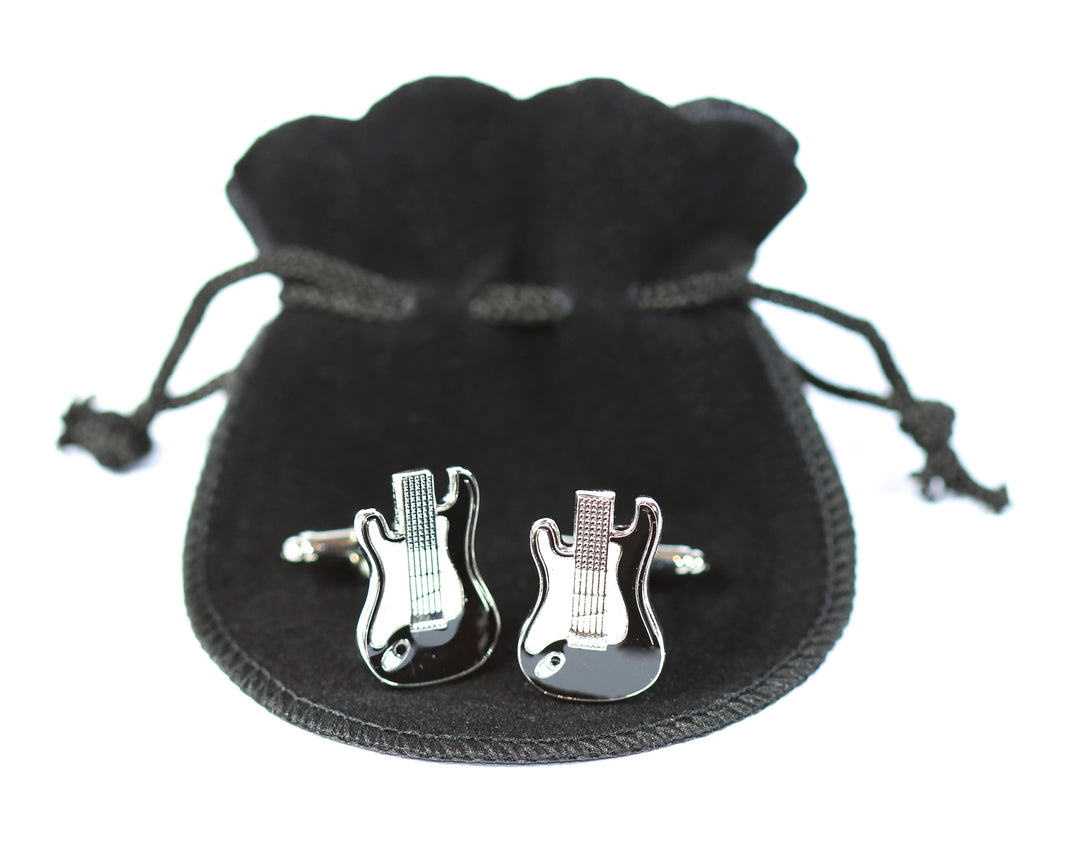 Set of 2 metal swivel bar electric guitar cufflinks in black velour gift pouch