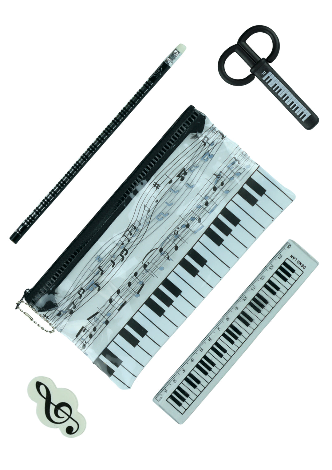 5 piece musical stationery kit pencil case scissors pencil eraser &amp; ruler