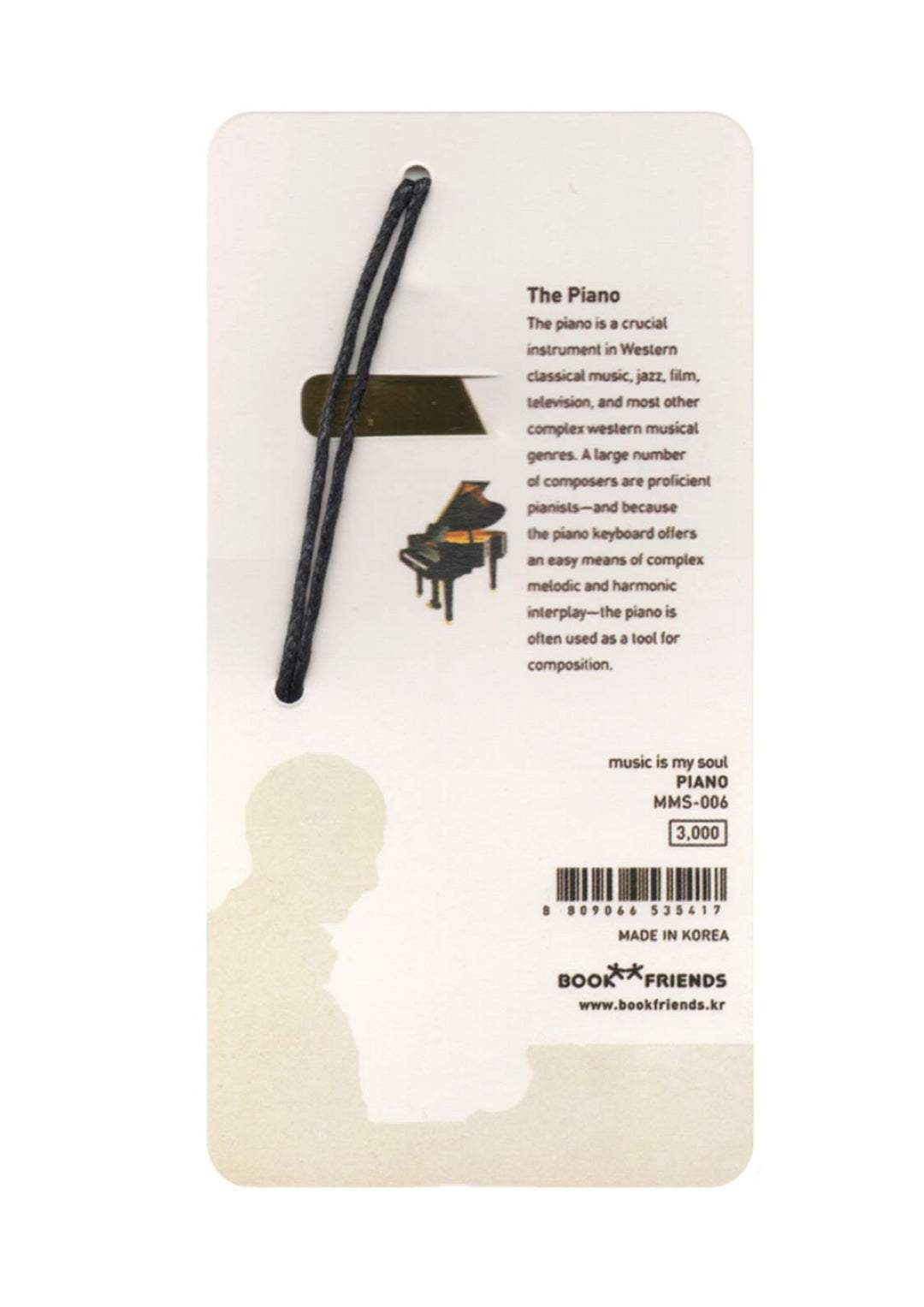 Polished gold metal piano bookmark with black tassel cord