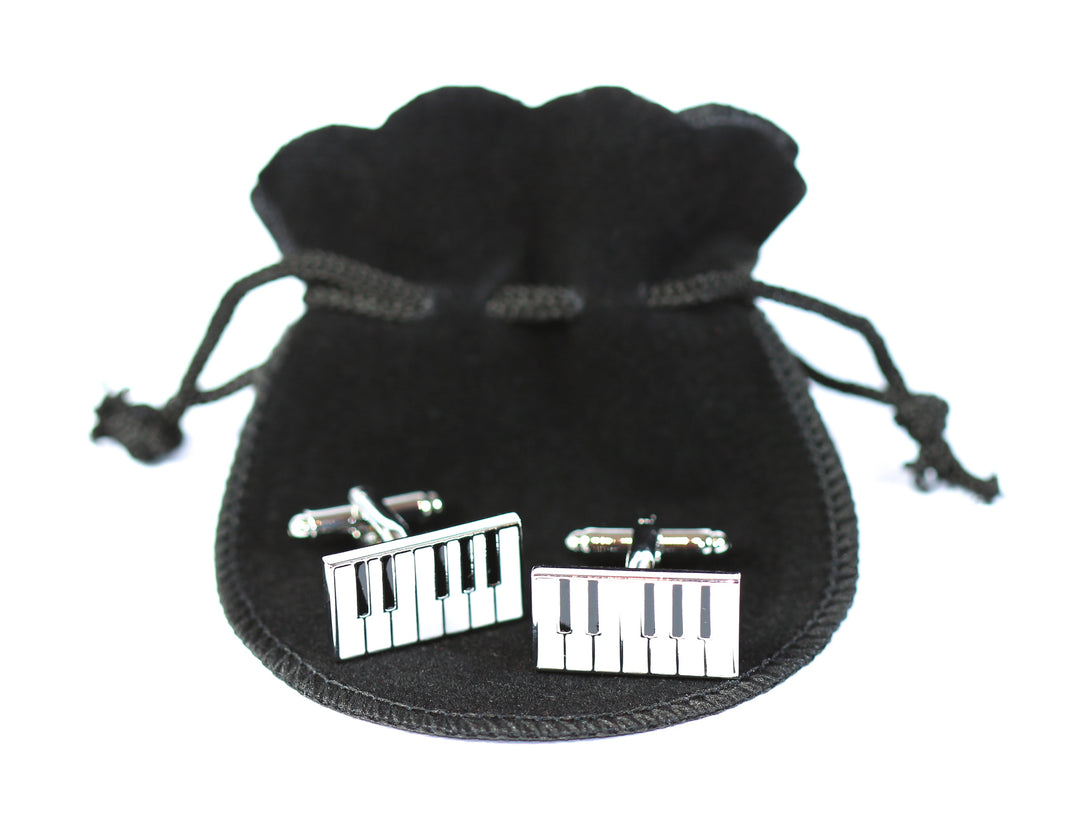 Set of 2 metal swivel barrel piano keyboard cufflinks in black velour gift pouch