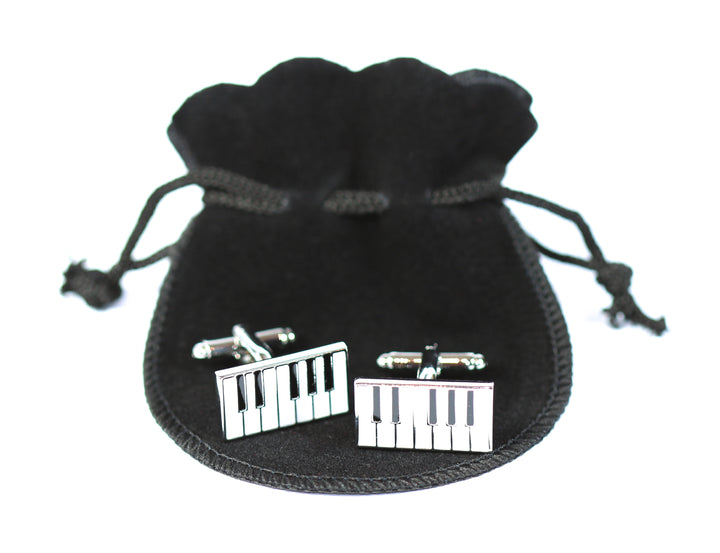 Set of 2 metal swivel barrel piano keyboard cufflinks in black velour gift pouch
