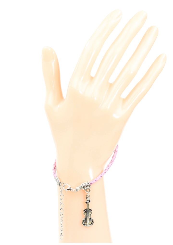 Braided leather bracelet with violin charm &amp; lobster claw clasp