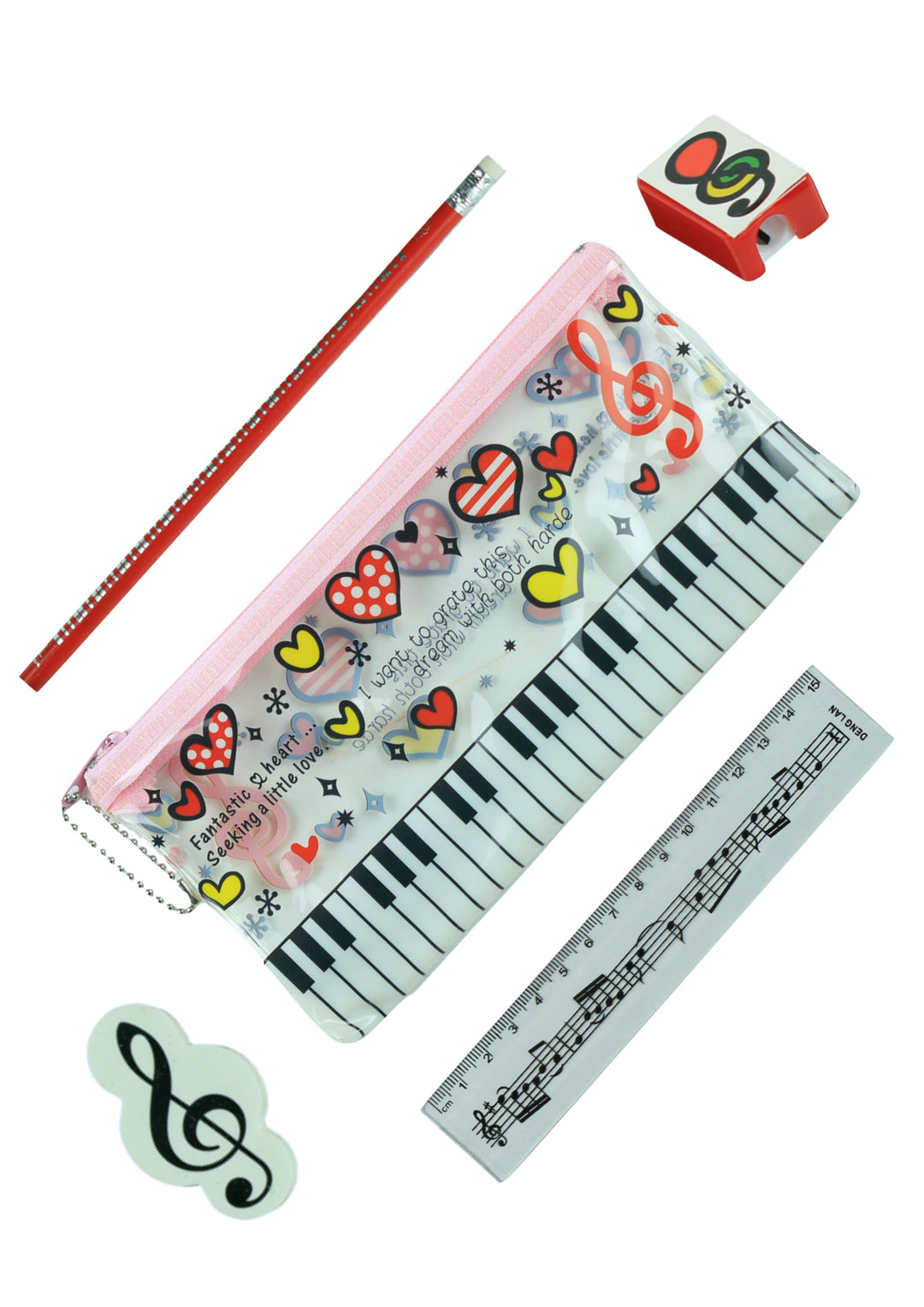 5 piece musical stationery pack- pencil case sharpener eraser ruler &amp; pencil
