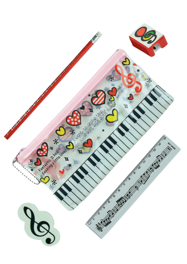5 piece musical stationery pack- pencil case sharpener eraser ruler &amp; pencil