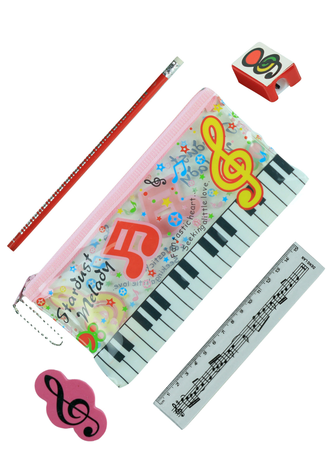 5 piece musical stationery set - pencil case, sharpener, pencil, eraser &amp; ruler