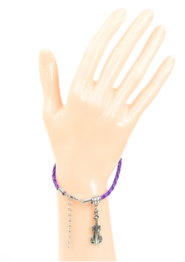 Braided leather bracelet with violin charm &amp; lobster claw clasp