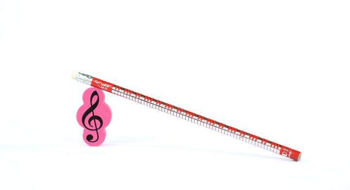Stationery set red HB music keyboard print pencil &amp; pink treble clef eraser