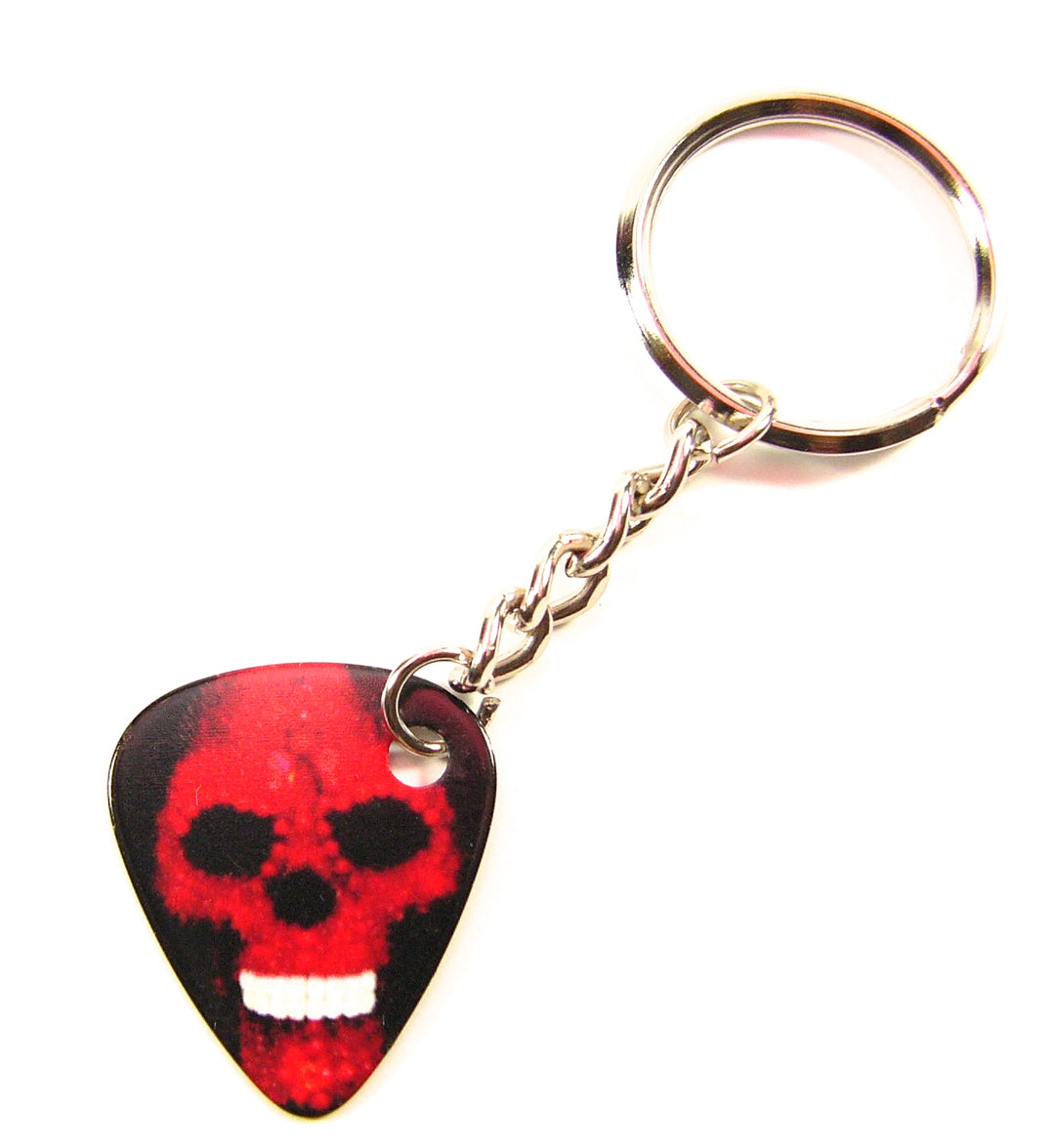 Playable red skull guitar pick keyring with tough chain links &amp; split ring.