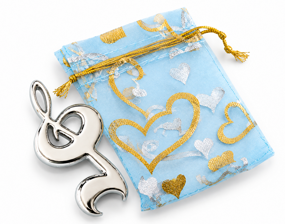 Chrome Metal Treble Clef Bottle Opener in Drawstring Blue Lace Pouch