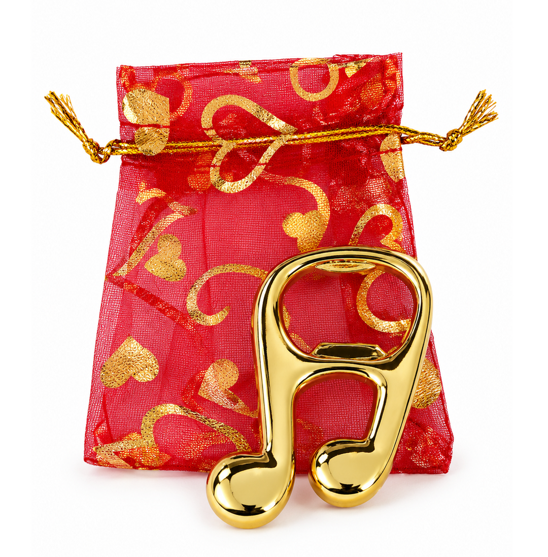 Gold Music Quavers Bottle Opener - In Drawstring Red Lace Pouch