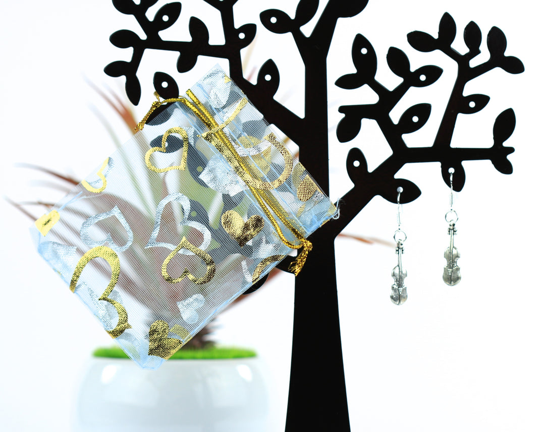 925 Sterling Silver Violin Drop Earrings - With Lace Pouch