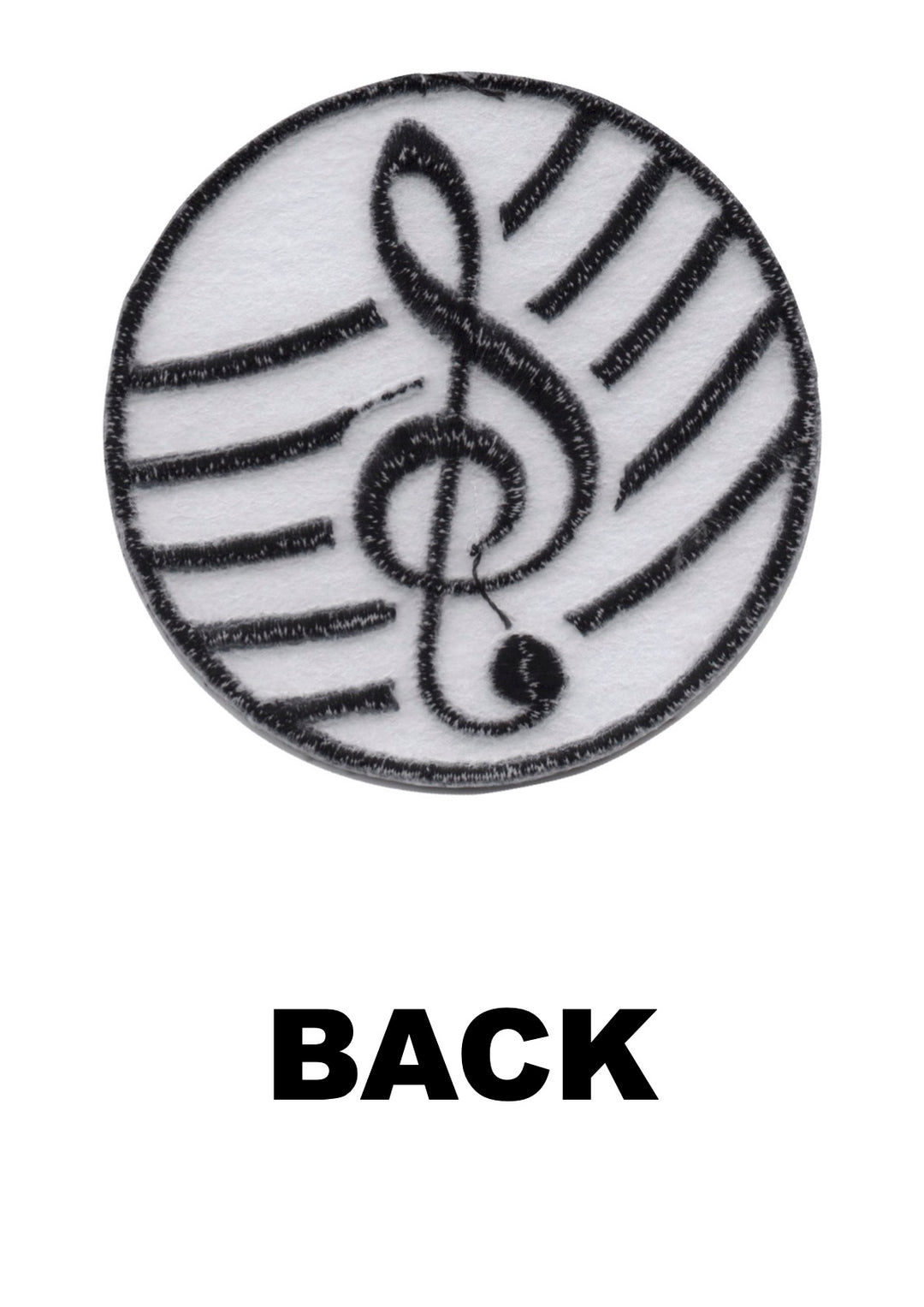 AIM Gifts brand round black and white embroidered music treble clef iron on patch
