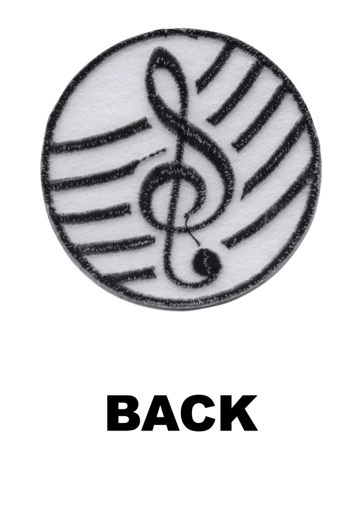 AIM Gifts brand round black and white embroidered music treble clef iron on patch