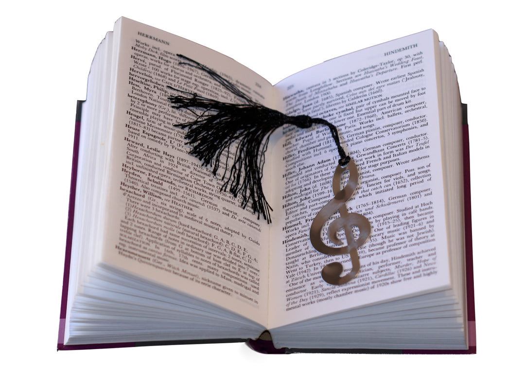 Polished stainless steel treble clef bookmark with black tassel &amp; gift box
