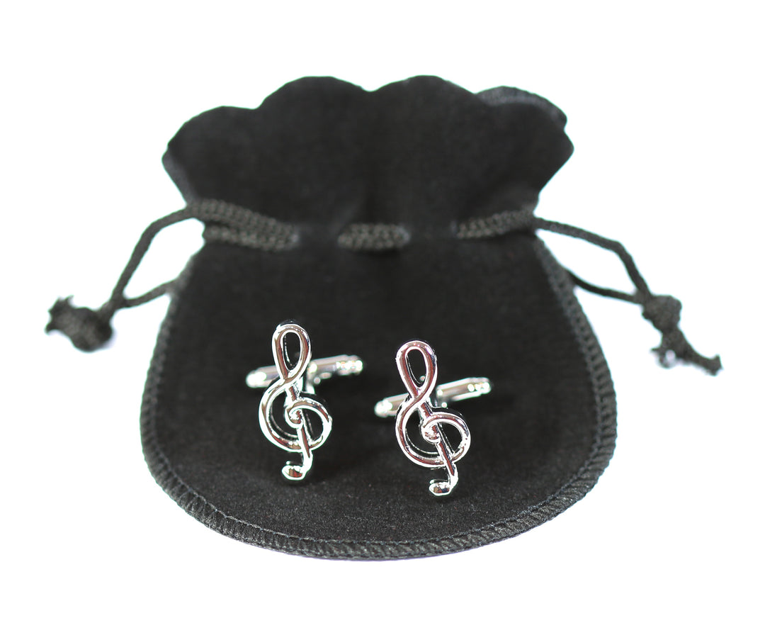 Set of 2 metal swivel bar treble clef cufflinks in black velour gift pouch