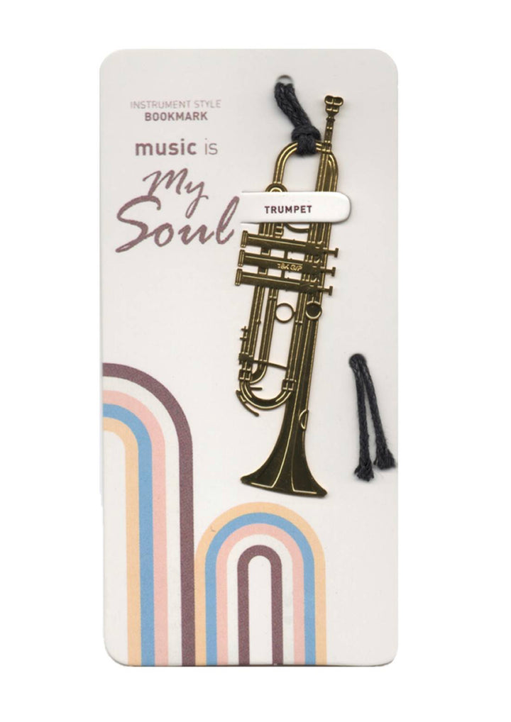 Polished gold coloured metal trumpet bookmark with black tassel