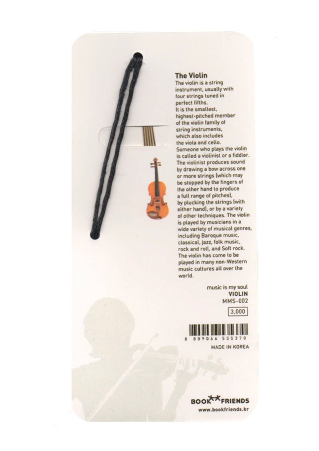 Polished gold metal violin bookmark with black tassel cord