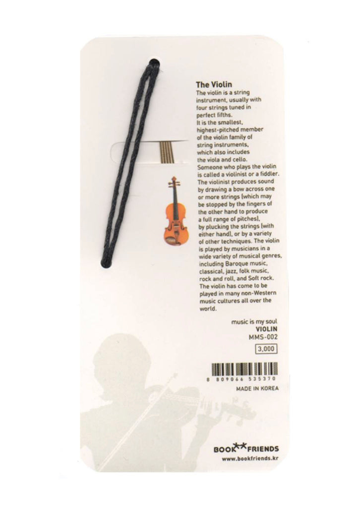 Polished gold metal violin bookmark with black tassel cord