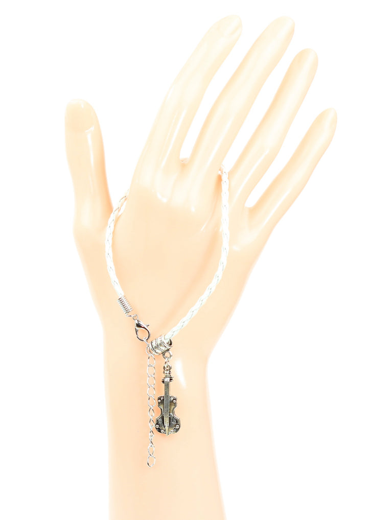 Braided leather bracelet with violin charm &amp; lobster claw clasp