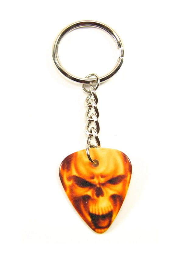 Playable yellow skull guitar pick keyring with tough chain links &amp; split ring.
