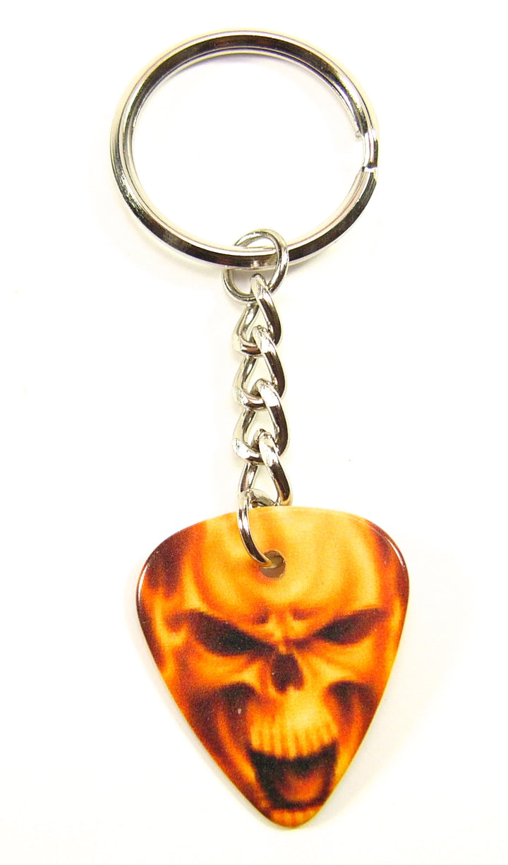 Playable yellow skull guitar pick keyring with tough chain links &amp; split ring.