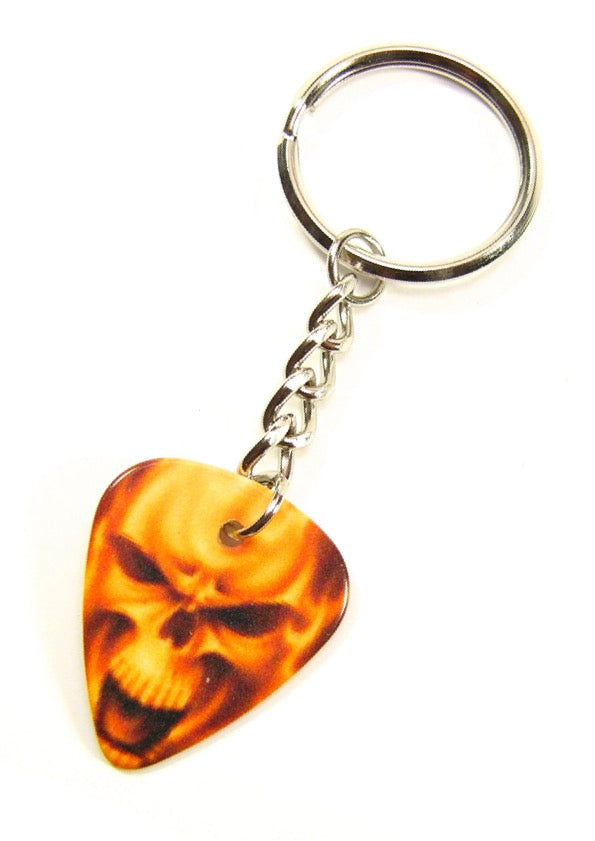 Playable yellow skull guitar pick keyring with tough chain links &amp; split ring.